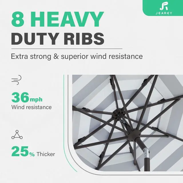 Alt view image 4 of 7 - JEAREY 9' 2-Tiers Patio Umbrellas Outdoor Market Table Umbrella w/Push Button Tilt/Crank, 8 Sturdy Ribs, UV Protection Waterproof Sunproof(Black Stripe)