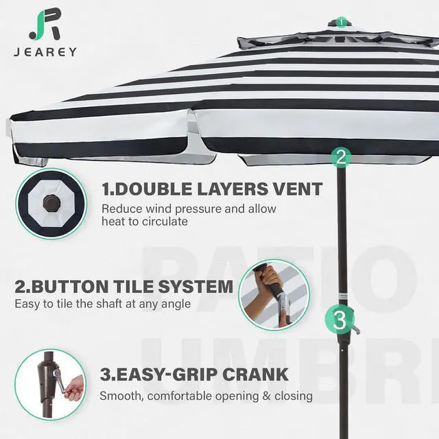 Alt view image 3 of 7 - JEAREY 9' 2-Tiers Patio Umbrellas Outdoor Market Table Umbrella w/Push Button Tilt/Crank, 8 Sturdy Ribs, UV Protection Waterproof Sunproof(Black Stripe)