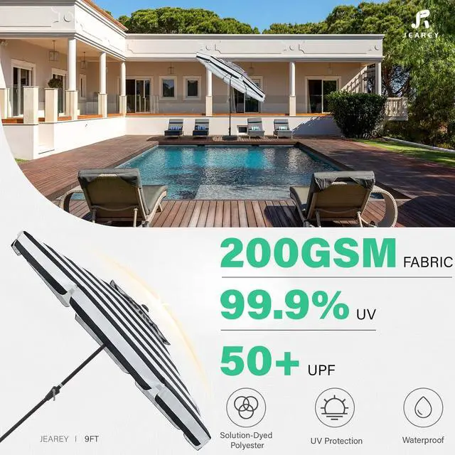 Alt view image 2 of 7 - JEAREY 9' 2-Tiers Patio Umbrellas Outdoor Market Table Umbrella w/Push Button Tilt/Crank, 8 Sturdy Ribs, UV Protection Waterproof Sunproof(Black Stripe)