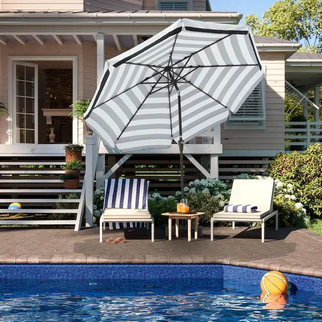 Alt view image 6 of 7 - JEAREY 9' 2-Tiers Patio Umbrellas Outdoor Market Table Umbrella w/Push Button Tilt/Crank, 8 Sturdy Ribs, UV Protection Waterproof Sunproof(Black Stripe)