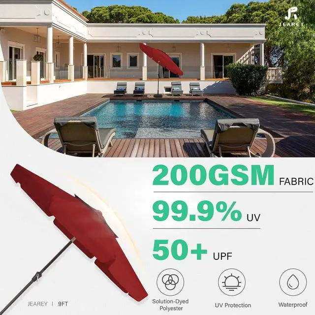 Alt view image 2 of 7 - JEAREY 9' 2-Tiers Patio Umbrellas Outdoor Market Umbrella w/Push Button Tilt/Crank, 8 Sturdy Ribs, UV Protection Waterproof (Red)