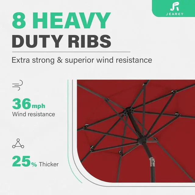 Alt view image 4 of 7 - JEAREY 9' 2-Tiers Patio Umbrellas Outdoor Market Umbrella w/Push Button Tilt/Crank, 8 Sturdy Ribs, UV Protection Waterproof (Red)