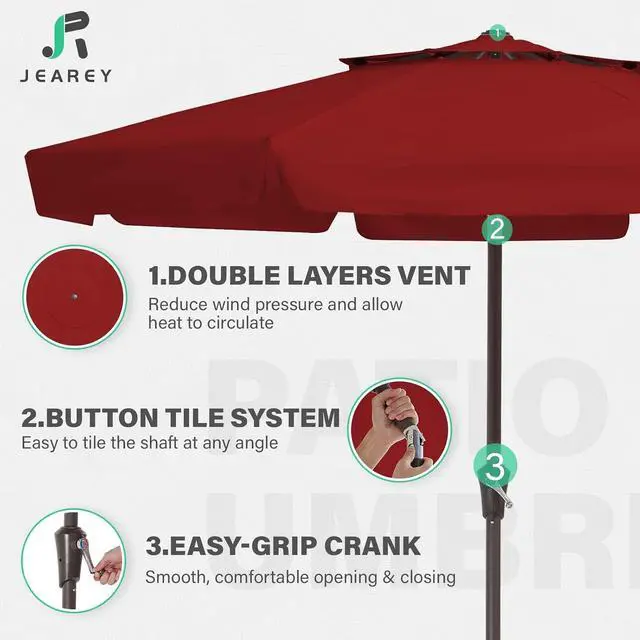Alt view image 3 of 7 - JEAREY 9' 2-Tiers Patio Umbrellas Outdoor Market Umbrella w/Push Button Tilt/Crank, 8 Sturdy Ribs, UV Protection Waterproof (Red)