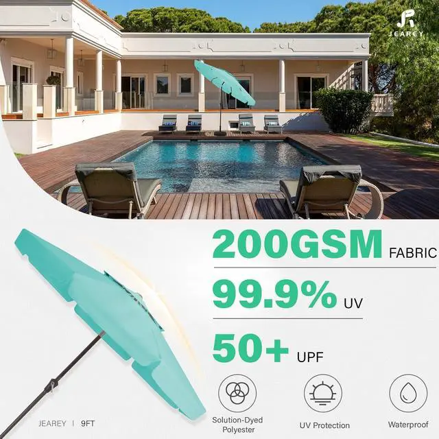 Alt view image 2 of 7 - JEAREY 9' 2-Tiers Patio Umbrellas Outdoor Market Table Umbrella w/Push Button Tilt/Crank, 8 Sturdy Ribs, UV Protection Waterproof Sunproof(Teal)