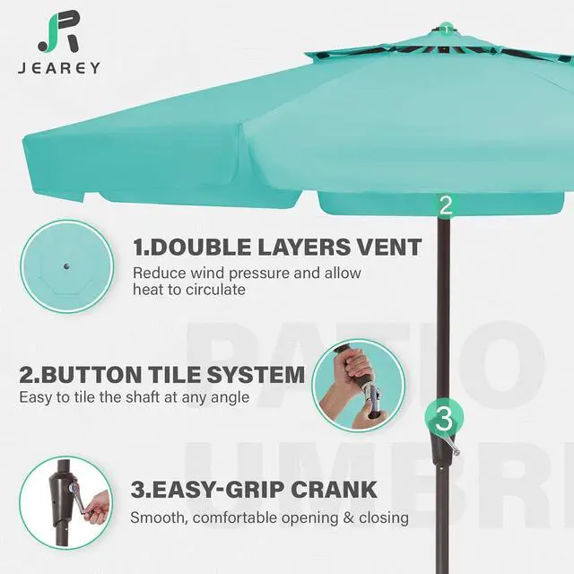 Alt view image 3 of 7 - JEAREY 9' 2-Tiers Patio Umbrellas Outdoor Market Table Umbrella w/Push Button Tilt/Crank, 8 Sturdy Ribs, UV Protection Waterproof Sunproof(Teal)