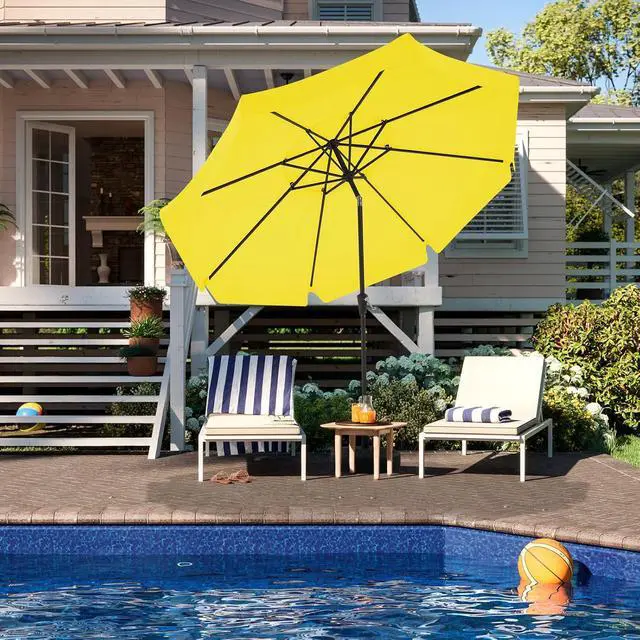Alt view image 6 of 7 - JEAREY 9' 2-Tiers Patio Umbrellas Outdoor Market Table Umbrella w/Push Button Tilt/Crank, 8 Sturdy Ribs, UV Protection Waterproof Sunproof(Yellow)