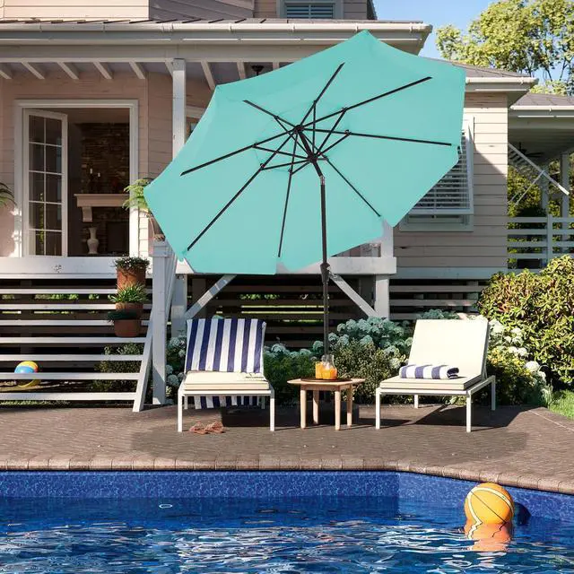Alt view image 6 of 7 - JEAREY 9' 2-Tiers Patio Umbrellas Outdoor Market Table Umbrella w/Push Button Tilt/Crank, 8 Sturdy Ribs, UV Protection Waterproof Sunproof(Teal)