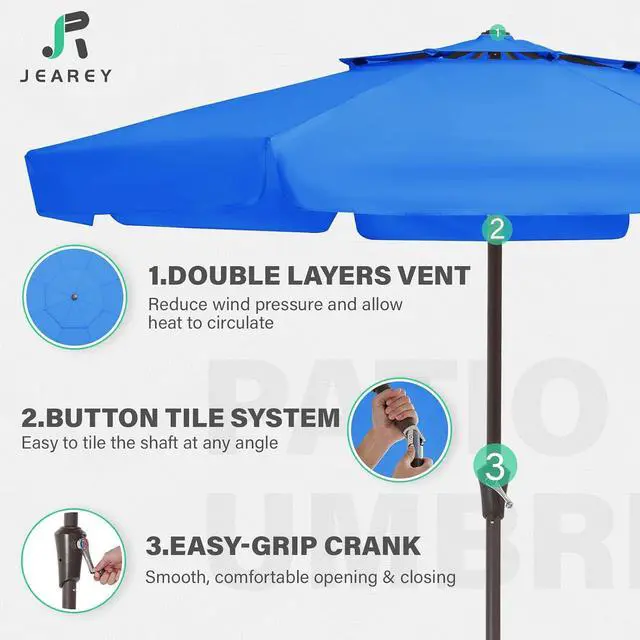 Alt view image 3 of 7 - JEAREY 9' 2-Tiers Patio Umbrellas Outdoor Market Table Umbrella w/Push Button Tilt/Crank, 8 Sturdy Ribs, UV Protection Waterproof Sunproof(Royal Blue)