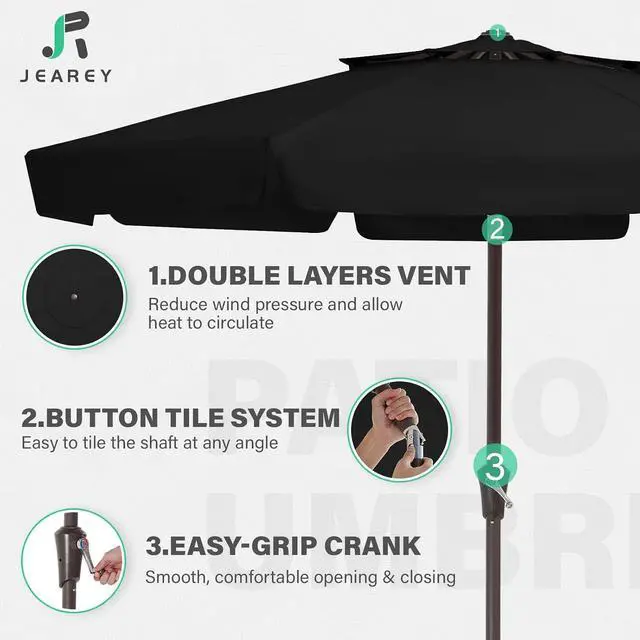 Alt view image 3 of 7 - JEAREY 9' 2-Tiers Patio Umbrellas Outdoor Market Table Umbrella w/Push Button Tilt/Crank, 8 Sturdy Ribs, UV Protection Waterproof Sunproof(Black)