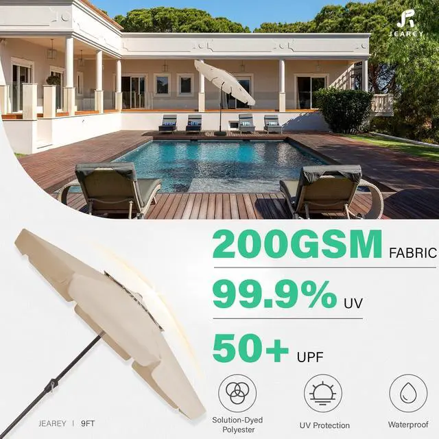 Alt view image 2 of 7 - JEAREY 9' 2-Tiers Patio Umbrellas Outdoor Market Table Umbrella w/Push Button Tilt/Crank, 8 Sturdy Ribs, UV Protection Waterproof Sunproof(Beige)
