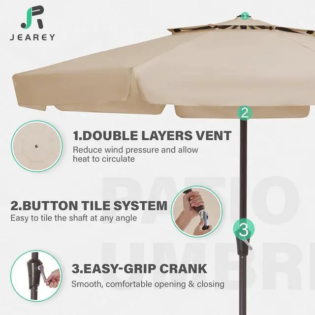 Alt view image 3 of 7 - JEAREY 9' 2-Tiers Patio Umbrellas Outdoor Market Table Umbrella w/Push Button Tilt/Crank, 8 Sturdy Ribs, UV Protection Waterproof Sunproof(Beige)