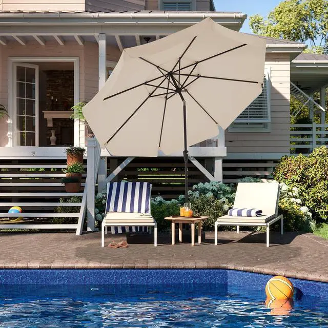 Alt view image 6 of 7 - JEAREY 9' 2-Tiers Patio Umbrellas Outdoor Market Table Umbrella w/Push Button Tilt/Crank, 8 Sturdy Ribs, UV Protection Waterproof Sunproof(Beige)