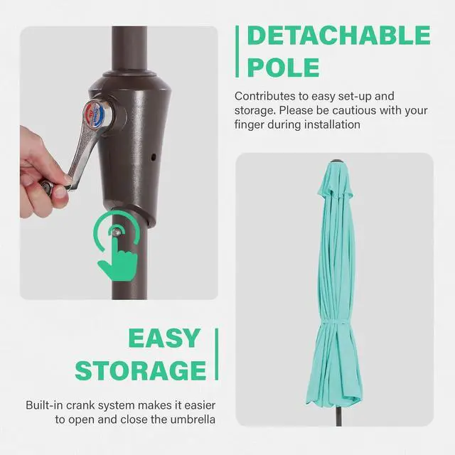 Alt view image 5 of 7 - JEAREY 9' 2-Tiers Patio Umbrellas Outdoor Market Table Umbrella w/Push Button Tilt/Crank, 8 Sturdy Ribs, UV Protection Waterproof Sunproof(Teal)