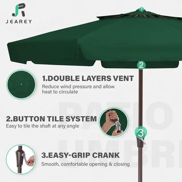 Alt view image 3 of 7 - JEAREY 9' 2-Tiers Patio Umbrellas Outdoor Market Table Umbrella w/Push Button Tilt/Crank, 8 Sturdy Ribs, UV Protection Waterproof Sunproof(Dark Green)