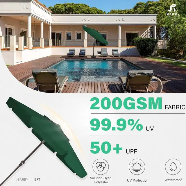 Alt view image 2 of 7 - JEAREY 9' 2-Tiers Patio Umbrellas Outdoor Market Table Umbrella w/Push Button Tilt/Crank, 8 Sturdy Ribs, UV Protection Waterproof Sunproof(Dark Green)