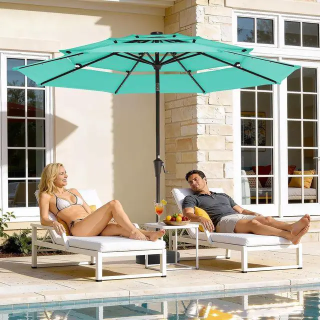 Alt view image 2 of 7 - JEAREY 9 ft 3-Tier Outdoor LED Lighted Patio Umbrella w/Crank, Peacock Blue | Solar Market Table Umbrella with 8 Sturdy Ribs, UV Protection Waterproof Sunproof for Garden, Deck and Backyard