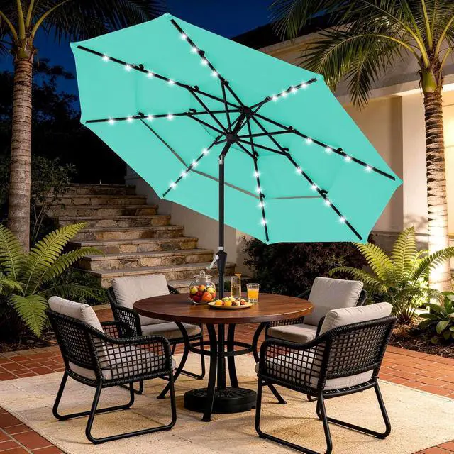 Alt view image 3 of 7 - JEAREY 9 ft 3-Tier Outdoor LED Lighted Patio Umbrella w/Crank, Peacock Blue | Solar Market Table Umbrella with 8 Sturdy Ribs, UV Protection Waterproof Sunproof for Garden, Deck and Backyard