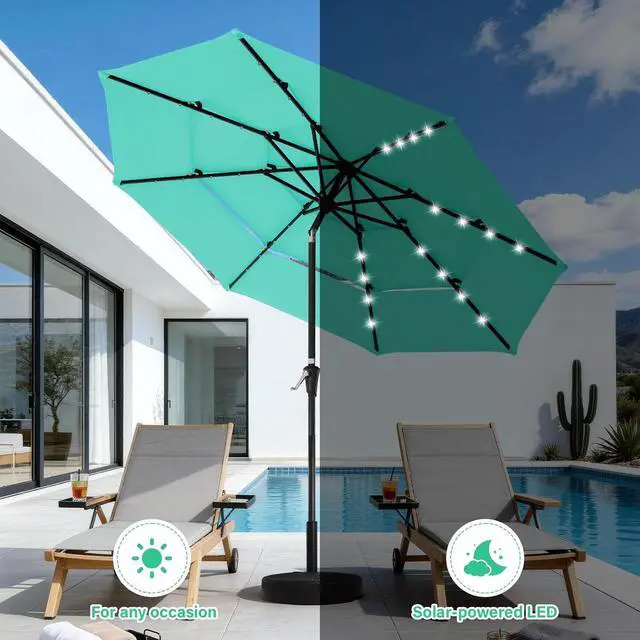 Alt view image 4 of 7 - JEAREY 9 ft 3-Tier Outdoor LED Lighted Patio Umbrella w/Crank, Peacock Blue | Solar Market Table Umbrella with 8 Sturdy Ribs, UV Protection Waterproof Sunproof for Garden, Deck and Backyard