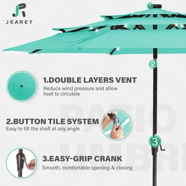 Alt view image 6 of 7 - JEAREY 9 ft 3-Tier Outdoor LED Lighted Patio Umbrella w/Crank, Peacock Blue | Solar Market Table Umbrella with 8 Sturdy Ribs, UV Protection Waterproof Sunproof for Garden, Deck and Backyard