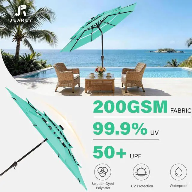Alt view image 5 of 7 - JEAREY 9 ft 3-Tier Outdoor LED Lighted Patio Umbrella w/Crank, Peacock Blue | Solar Market Table Umbrella with 8 Sturdy Ribs, UV Protection Waterproof Sunproof for Garden, Deck and Backyard