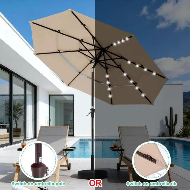 Alt view image 2 of 7 - JEAREY 9 ft 3-Tier Outdoor LED Lighted Patio Umbrella w/Crank, Beige | Solar Market Table Umbrella with 8 Sturdy Ribs, UV Protection Waterproof Sunproof for Garden, Deck and Backyard