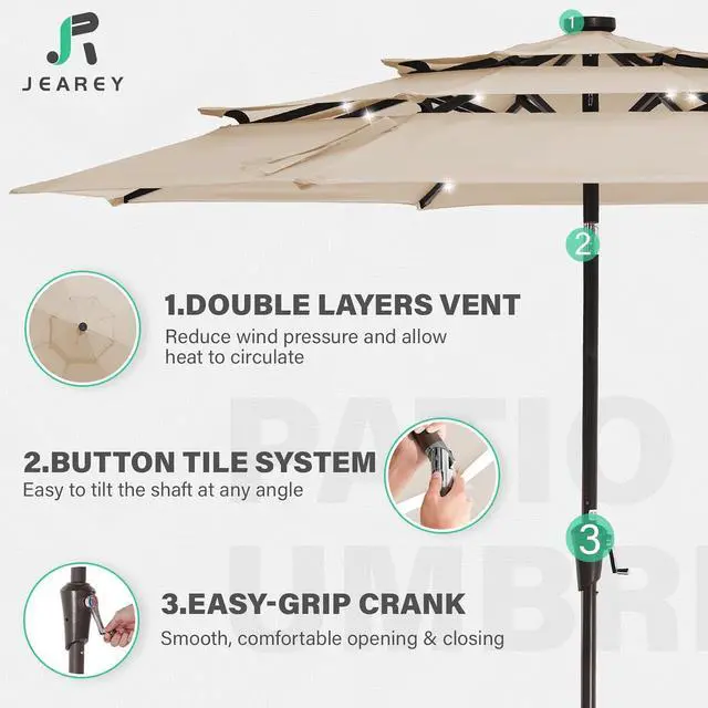 Alt view image 5 of 7 - JEAREY 9 ft 3-Tier Outdoor LED Lighted Patio Umbrella w/Crank, Beige | Solar Market Table Umbrella with 8 Sturdy Ribs, UV Protection Waterproof Sunproof for Garden, Deck and Backyard