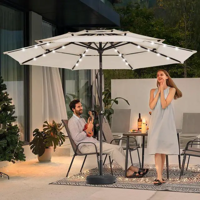 Alt view image 3 of 7 - JEAREY 9 ft 3-Tier Outdoor LED Lighted Patio Umbrella w/Crank, Beige | Solar Market Table Umbrella with 8 Sturdy Ribs, UV Protection Waterproof Sunproof for Garden, Deck and Backyard