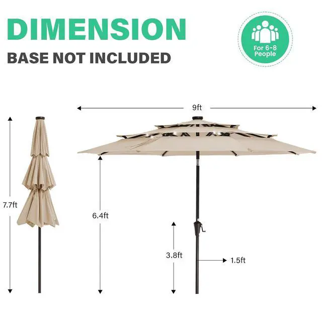 Alt view image 7 of 7 - JEAREY 9 ft 3-Tier Outdoor LED Lighted Patio Umbrella w/Crank, Beige | Solar Market Table Umbrella with 8 Sturdy Ribs, UV Protection Waterproof Sunproof for Garden, Deck and Backyard