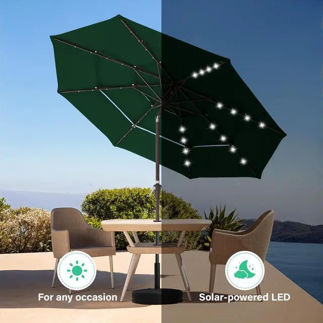 Alt view image 4 of 7 - JEAREY 9 ft 3-Tier Outdoor LED Lighted Patio Umbrella w/Crank, Dark Green | Solar Market Table Umbrella with 8 Sturdy Ribs, UV Protection Waterproof Sunproof for Garden, Deck and Backyard