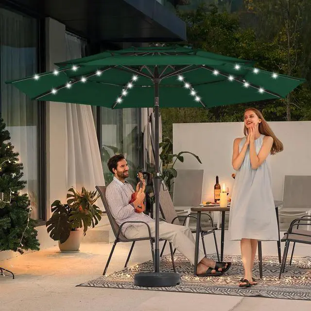 Alt view image 2 of 7 - JEAREY 9 ft 3-Tier Outdoor LED Lighted Patio Umbrella w/Crank, Dark Green | Solar Market Table Umbrella with 8 Sturdy Ribs, UV Protection Waterproof Sunproof for Garden, Deck and Backyard