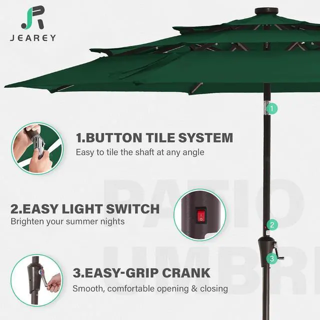 Alt view image 5 of 7 - JEAREY 9 ft 3-Tier Outdoor LED Lighted Patio Umbrella w/Crank, Dark Green | Solar Market Table Umbrella with 8 Sturdy Ribs, UV Protection Waterproof Sunproof for Garden, Deck and Backyard