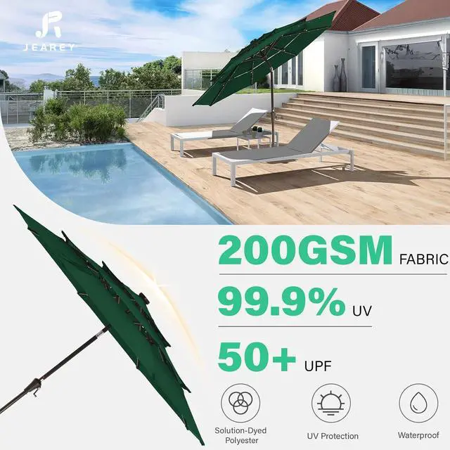 Alt view image 6 of 7 - JEAREY 9 ft 3-Tier Outdoor LED Lighted Patio Umbrella w/Crank, Dark Green | Solar Market Table Umbrella with 8 Sturdy Ribs, UV Protection Waterproof Sunproof for Garden, Deck and Backyard