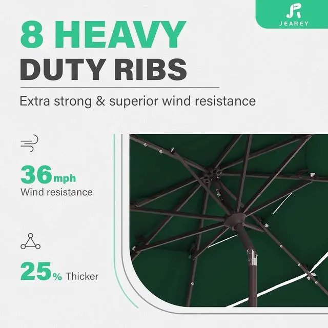 Alt view image 7 of 7 - JEAREY 9 ft 3-Tier Outdoor LED Lighted Patio Umbrella w/Crank, Dark Green | Solar Market Table Umbrella with 8 Sturdy Ribs, UV Protection Waterproof Sunproof for Garden, Deck and Backyard