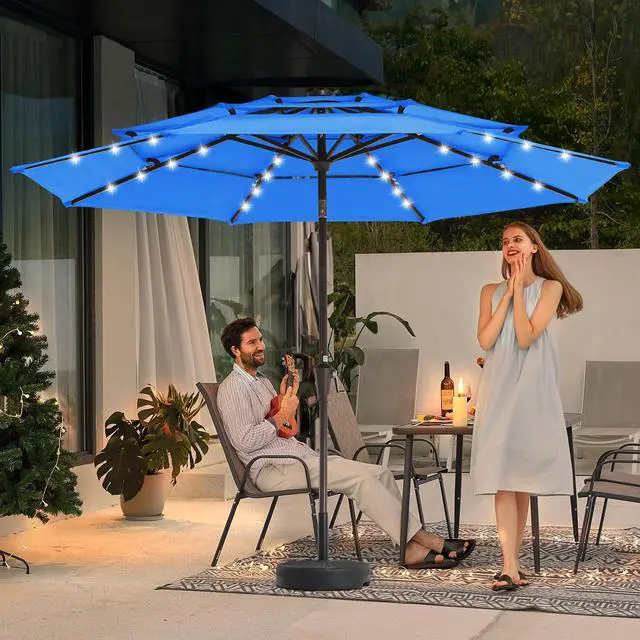 Alt view image 2 of 7 - JEAREY 9 ft 3-Tier Outdoor LED Lighted Patio Umbrella w/Crank, Royal Blue | Solar Market Table Umbrella with 8 Sturdy Ribs, UV Protection Waterproof Sunproof for Garden, Deck and Backyard