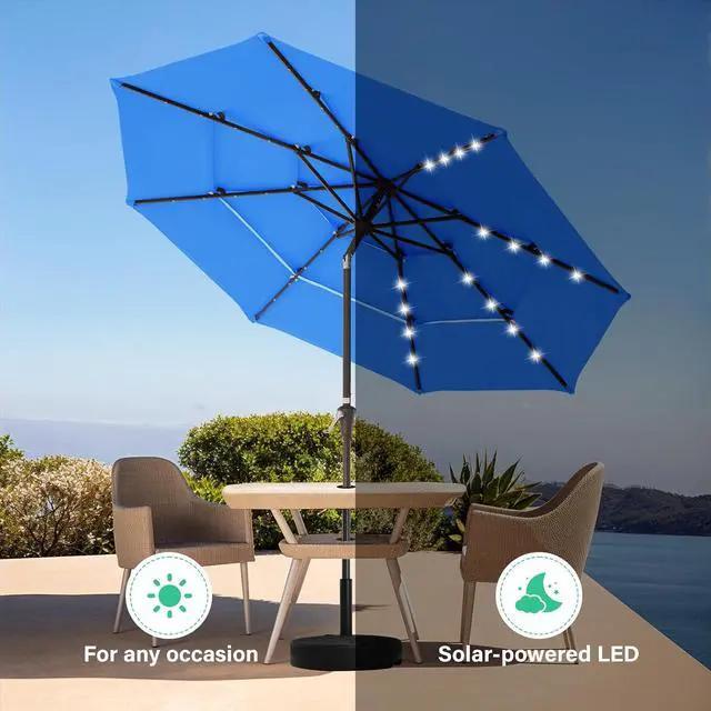 Alt view image 4 of 7 - JEAREY 9 ft 3-Tier Outdoor LED Lighted Patio Umbrella w/Crank, Royal Blue | Solar Market Table Umbrella with 8 Sturdy Ribs, UV Protection Waterproof Sunproof for Garden, Deck and Backyard