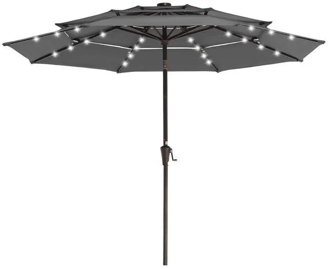 Main image of JEAREY 9 ft 3-Tier Outdoor LED Lighted Patio Umbrella w/Crank, Gray | Solar Market Table Umbrella with 8 Sturdy Ribs, UV Protection Waterproof Sunproof for Garden, Deck and Backyard