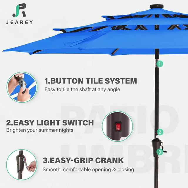 Alt view image 6 of 7 - JEAREY 9 ft 3-Tier Outdoor LED Lighted Patio Umbrella w/Crank, Royal Blue | Solar Market Table Umbrella with 8 Sturdy Ribs, UV Protection Waterproof Sunproof for Garden, Deck and Backyard