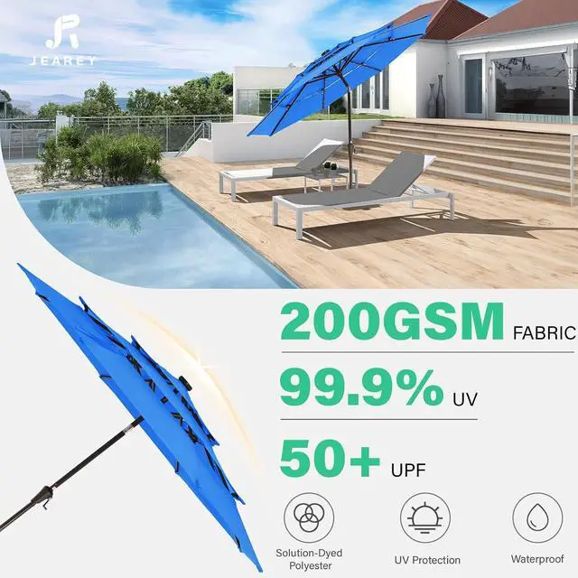 Alt view image 5 of 7 - JEAREY 9 ft 3-Tier Outdoor LED Lighted Patio Umbrella w/Crank, Royal Blue | Solar Market Table Umbrella with 8 Sturdy Ribs, UV Protection Waterproof Sunproof for Garden, Deck and Backyard