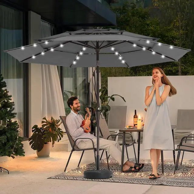 Alt view image 2 of 7 - JEAREY 9 ft 3-Tier Outdoor LED Lighted Patio Umbrella w/Crank, Gray | Solar Market Table Umbrella with 8 Sturdy Ribs, UV Protection Waterproof Sunproof for Garden, Deck and Backyard