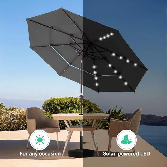 Alt view image 4 of 7 - JEAREY 9 ft 3-Tier Outdoor LED Lighted Patio Umbrella w/Crank, Gray | Solar Market Table Umbrella with 8 Sturdy Ribs, UV Protection Waterproof Sunproof for Garden, Deck and Backyard