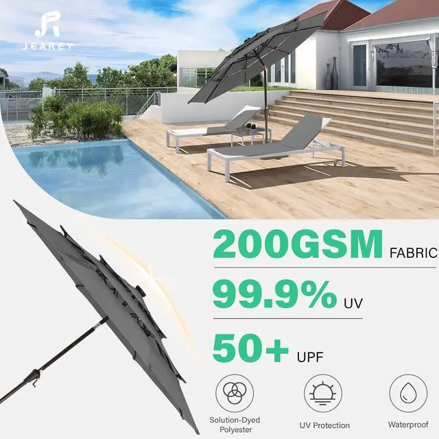 Alt view image 5 of 7 - JEAREY 9 ft 3-Tier Outdoor LED Lighted Patio Umbrella w/Crank, Gray | Solar Market Table Umbrella with 8 Sturdy Ribs, UV Protection Waterproof Sunproof for Garden, Deck and Backyard