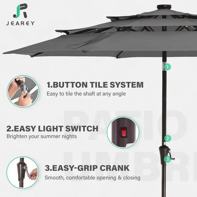 Alt view image 6 of 7 - JEAREY 9 ft 3-Tier Outdoor LED Lighted Patio Umbrella w/Crank, Gray | Solar Market Table Umbrella with 8 Sturdy Ribs, UV Protection Waterproof Sunproof for Garden, Deck and Backyard