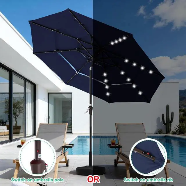 Alt view image 2 of 7 - JEAREY 9 ft 3-Tier Outdoor LED Lighted Patio Umbrella w/Crank, Navy | Solar Market Table Umbrella with 8 Sturdy Ribs, UV Protection Waterproof Sunproof for Garden, Deck and Backyard