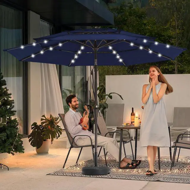 Alt view image 3 of 7 - JEAREY 9 ft 3-Tier Outdoor LED Lighted Patio Umbrella w/Crank, Navy | Solar Market Table Umbrella with 8 Sturdy Ribs, UV Protection Waterproof Sunproof for Garden, Deck and Backyard