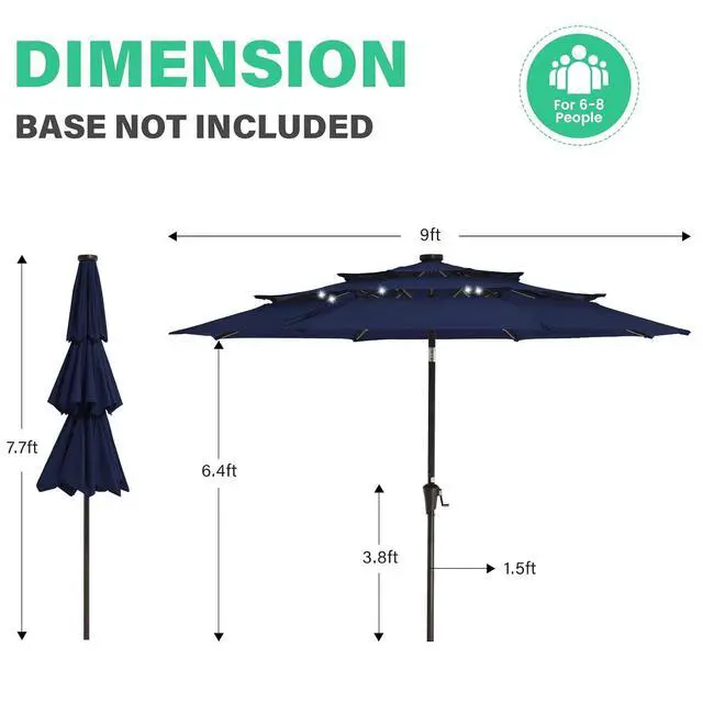 Alt view image 7 of 7 - JEAREY 9 ft 3-Tier Outdoor LED Lighted Patio Umbrella w/Crank, Navy | Solar Market Table Umbrella with 8 Sturdy Ribs, UV Protection Waterproof Sunproof for Garden, Deck and Backyard