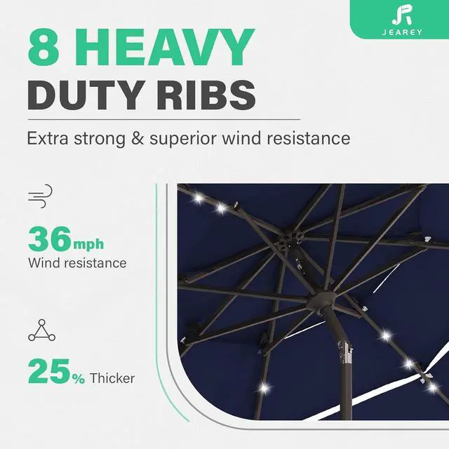 Alt view image 6 of 7 - JEAREY 9 ft 3-Tier Outdoor LED Lighted Patio Umbrella w/Crank, Navy | Solar Market Table Umbrella with 8 Sturdy Ribs, UV Protection Waterproof Sunproof for Garden, Deck and Backyard