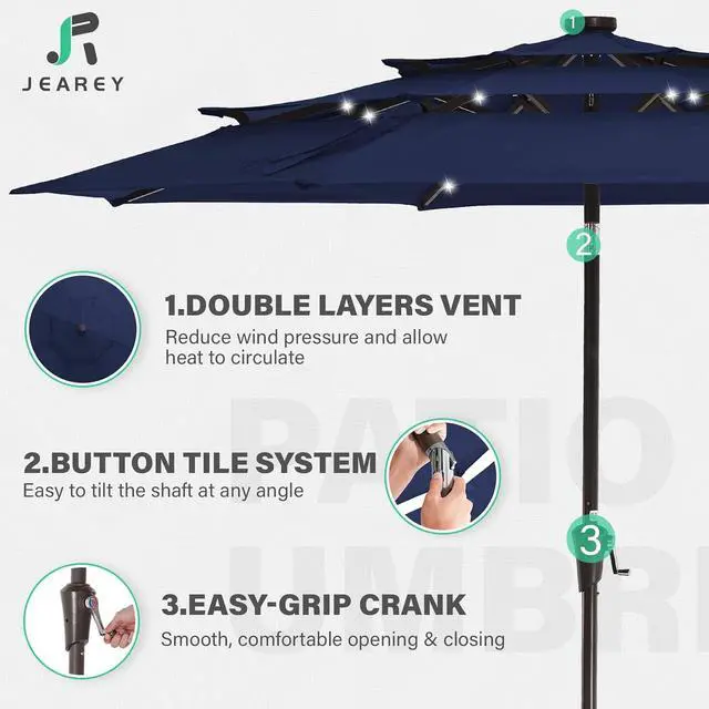 Alt view image 5 of 7 - JEAREY 9 ft 3-Tier Outdoor LED Lighted Patio Umbrella w/Crank, Navy | Solar Market Table Umbrella with 8 Sturdy Ribs, UV Protection Waterproof Sunproof for Garden, Deck and Backyard