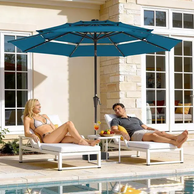 Alt view image 2 of 7 - JEAREY 9 ft 3-Tier Outdoor LED Lighted Patio Umbrella w/Crank, Lake Blue | Solar Market Table Umbrella with 8 Sturdy Ribs, UV Protection Waterproof Sunproof for Garden, Deck and Backyard