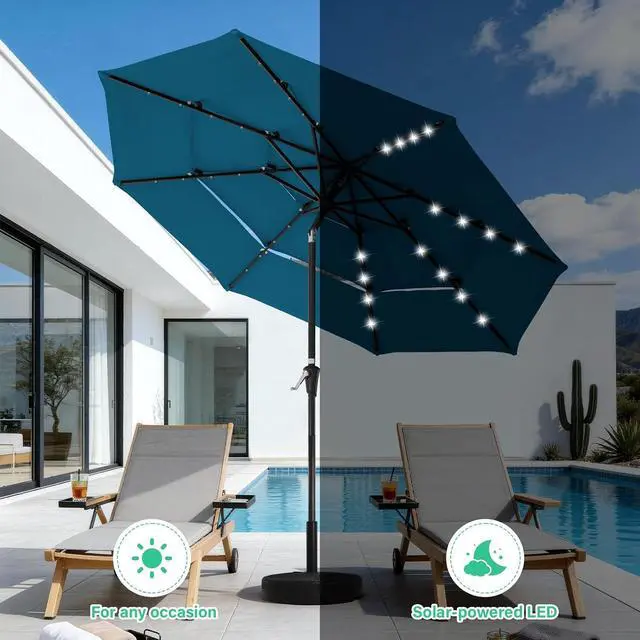 Alt view image 4 of 7 - JEAREY 9 ft 3-Tier Outdoor LED Lighted Patio Umbrella w/Crank, Lake Blue | Solar Market Table Umbrella with 8 Sturdy Ribs, UV Protection Waterproof Sunproof for Garden, Deck and Backyard