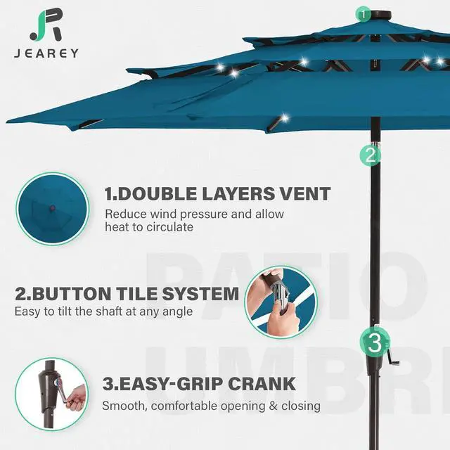 Alt view image 6 of 7 - JEAREY 9 ft 3-Tier Outdoor LED Lighted Patio Umbrella w/Crank, Lake Blue | Solar Market Table Umbrella with 8 Sturdy Ribs, UV Protection Waterproof Sunproof for Garden, Deck and Backyard